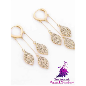 New Trendy Style Full Of Diamond Leaves Tassel Earrings