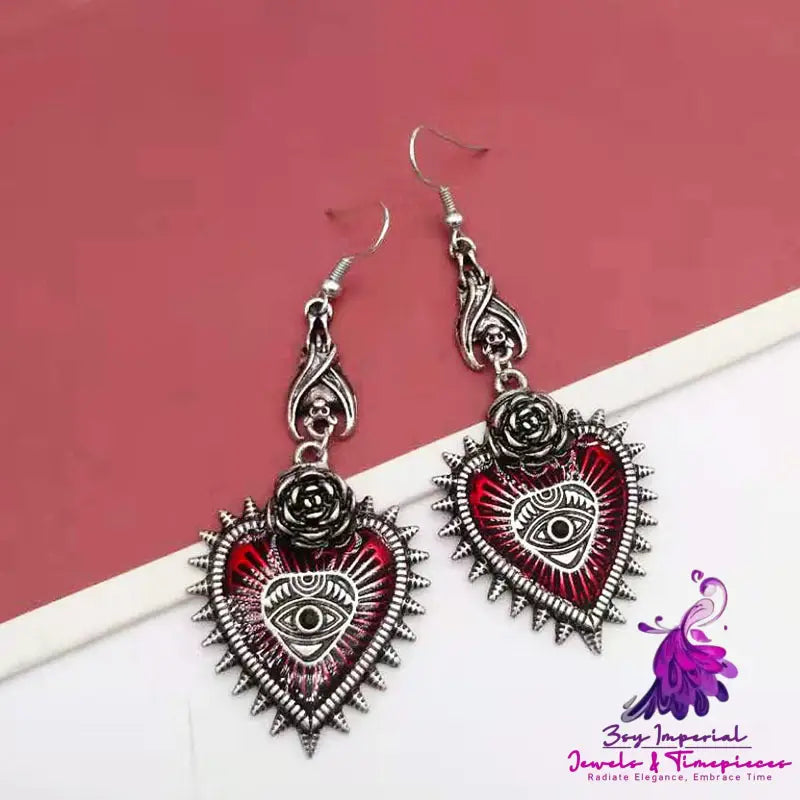 Evil Eye Red Heart Earrings