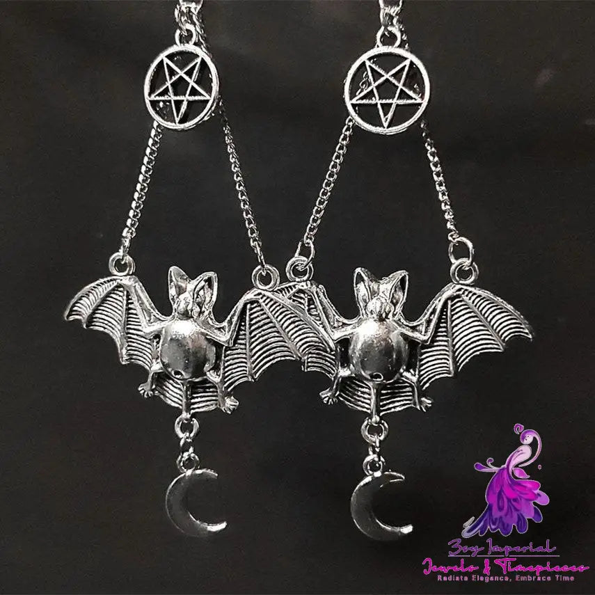 Gothic Halloween Bat Pentagram Moon Charm Earrings