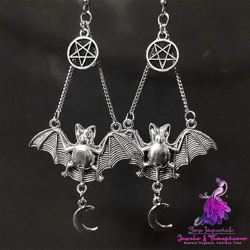 Gothic Halloween Bat Pentagram Moon Charm Earrings