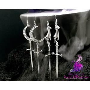 Hollow Moon Witch Gothic Long Sword Halloween Earrings