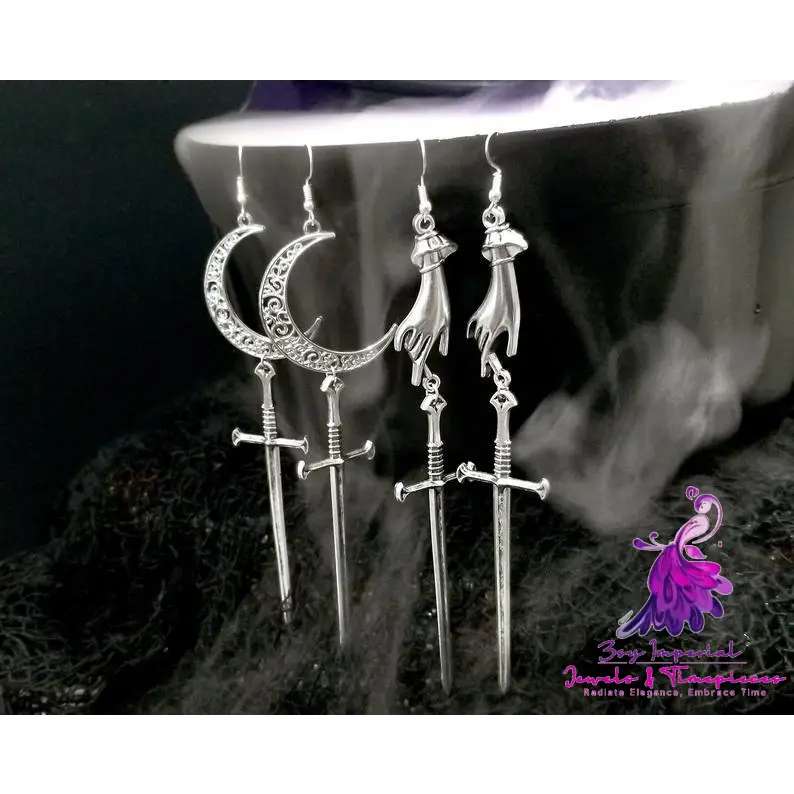 Hollow Moon Witch Gothic Long Sword Halloween Earrings