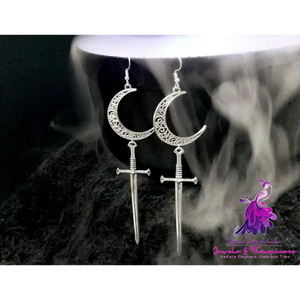 Hollow Moon Witch Gothic Long Sword Halloween Earrings