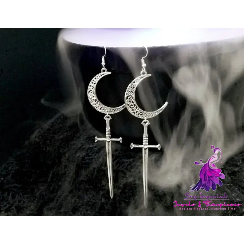 Hollow Moon Witch Gothic Long Sword Halloween Earrings