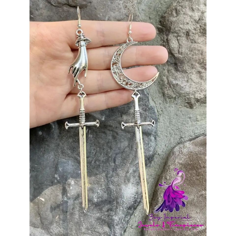 Hollow Moon Witch Gothic Long Sword Halloween Earrings