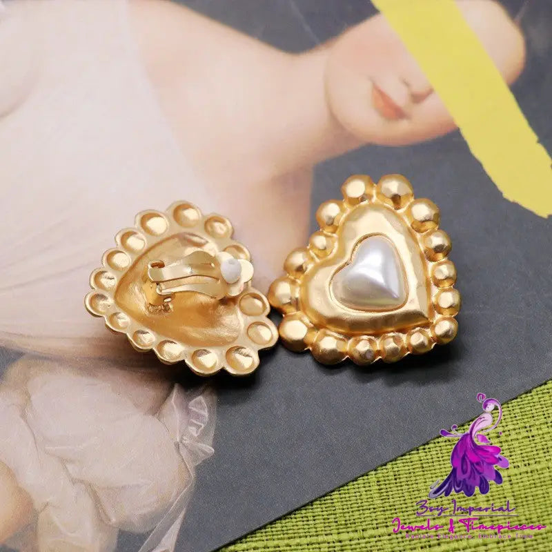 Matte Gold Heart-shaped Pin Silver Stud Earrings Ear Clip