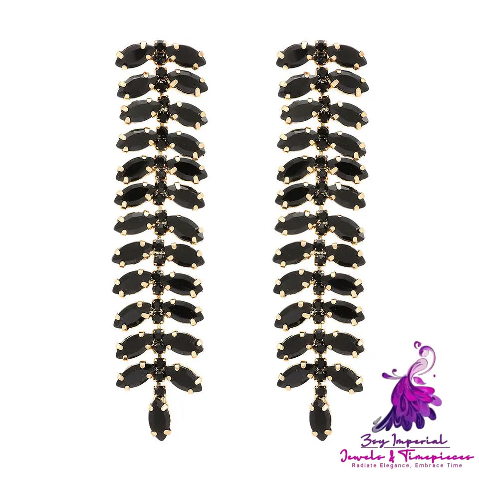 Rhinestone Long Leaf Earrings