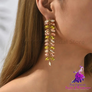 Rhinestone Long Leaf Earrings