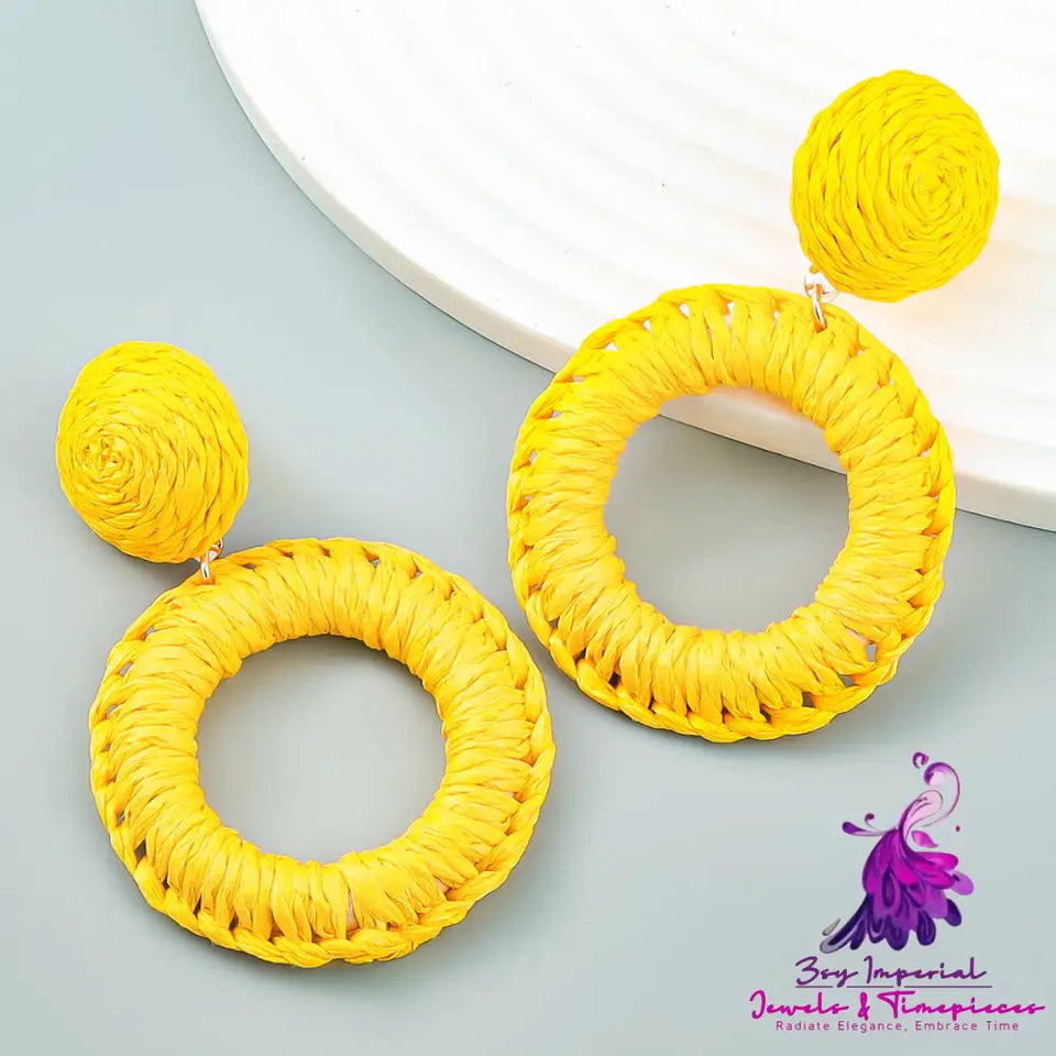 Summer New Raffia Woven Multi-layer Round Earrings