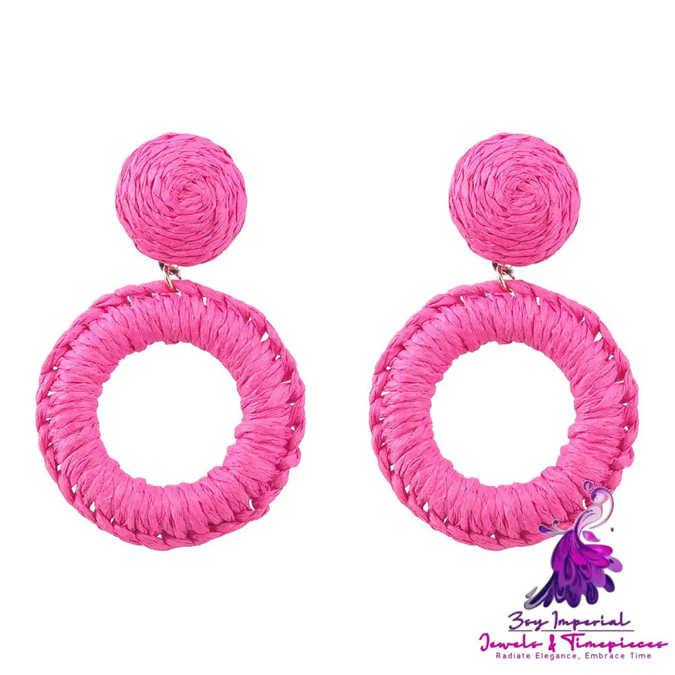 Summer New Raffia Woven Multi-layer Round Earrings