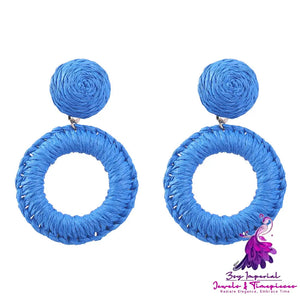 Summer New Raffia Woven Multi-layer Round Earrings