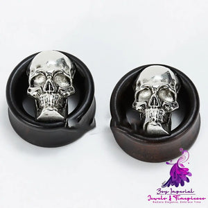 Wooden Ear Extender Ebony Inlaid Skull