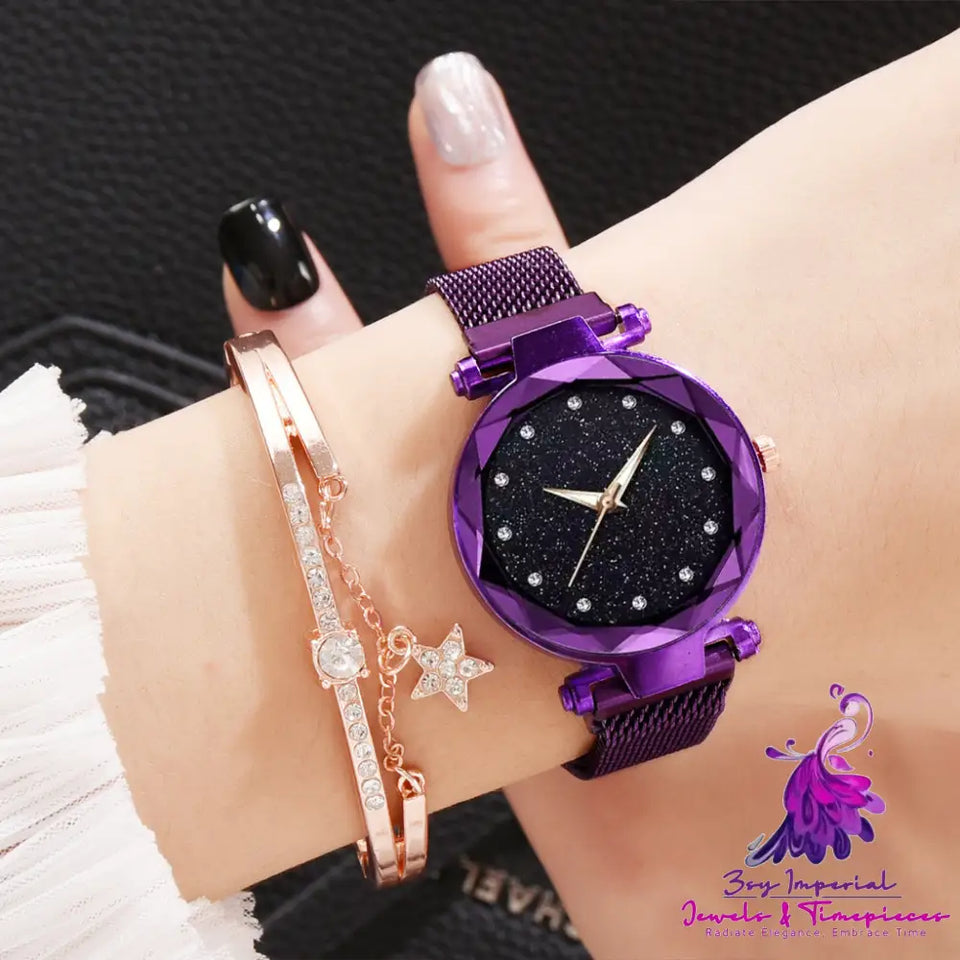 Elegant Magnet Buckle Starry Sky Watch Set