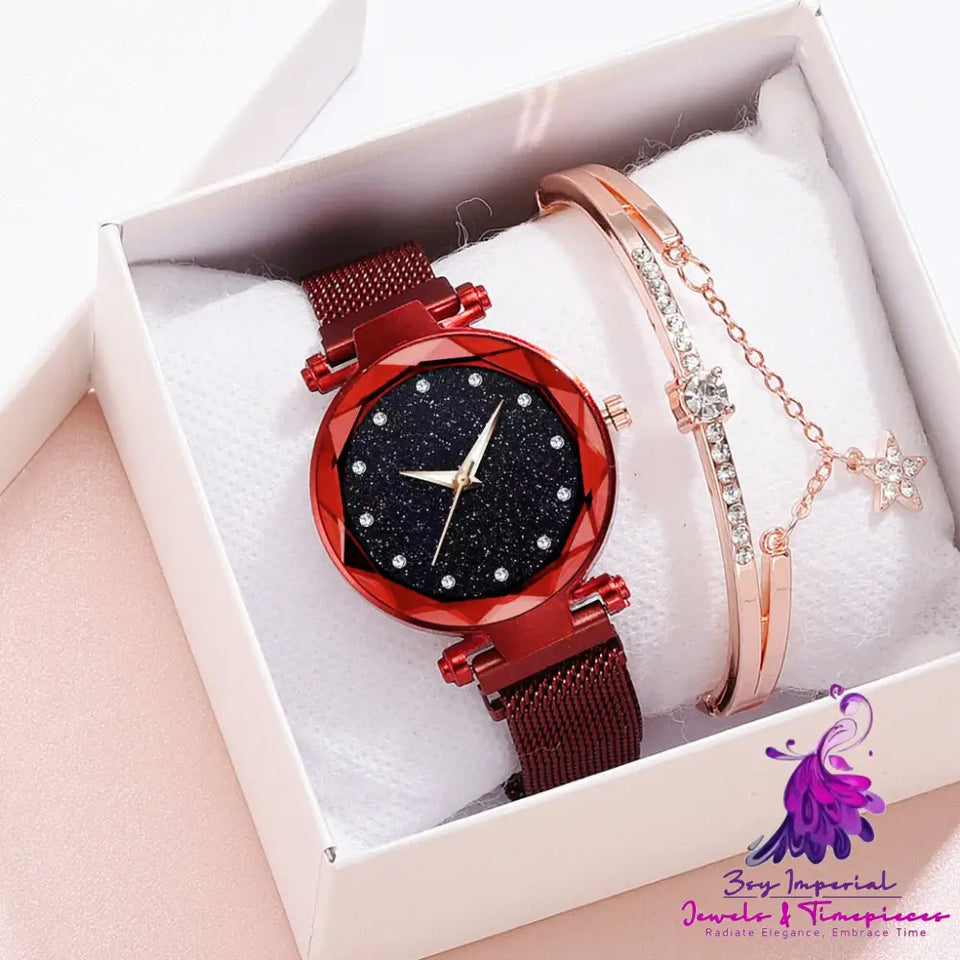 Elegant Magnet Buckle Starry Sky Watch Set