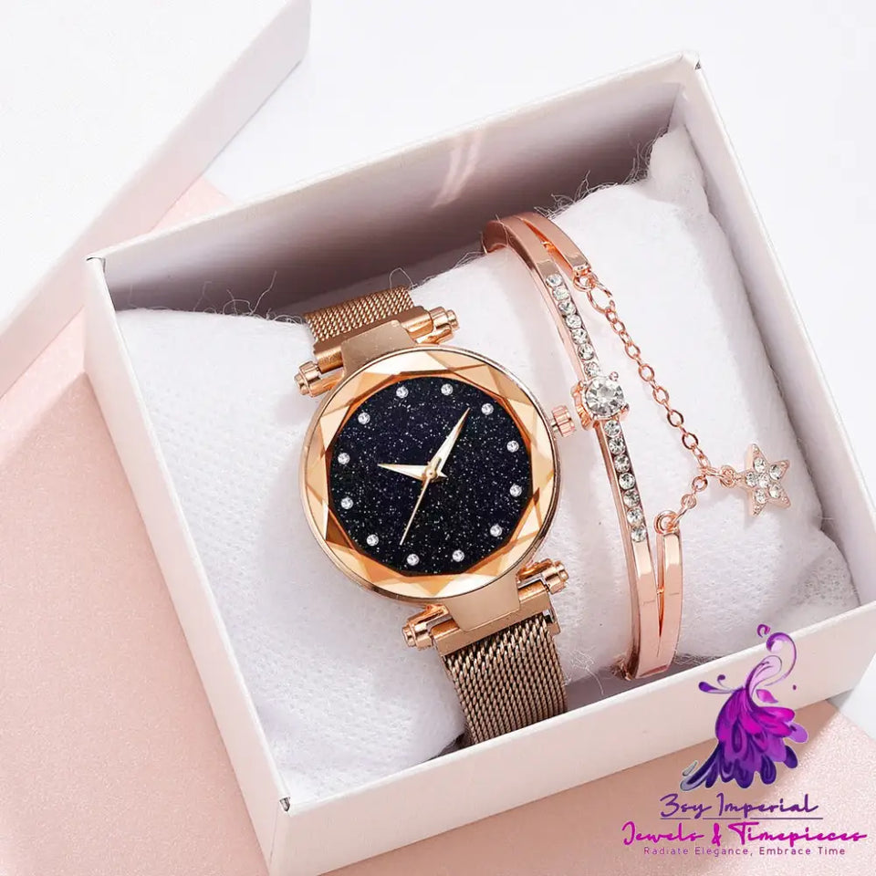 Elegant Magnet Buckle Starry Sky Watch Set