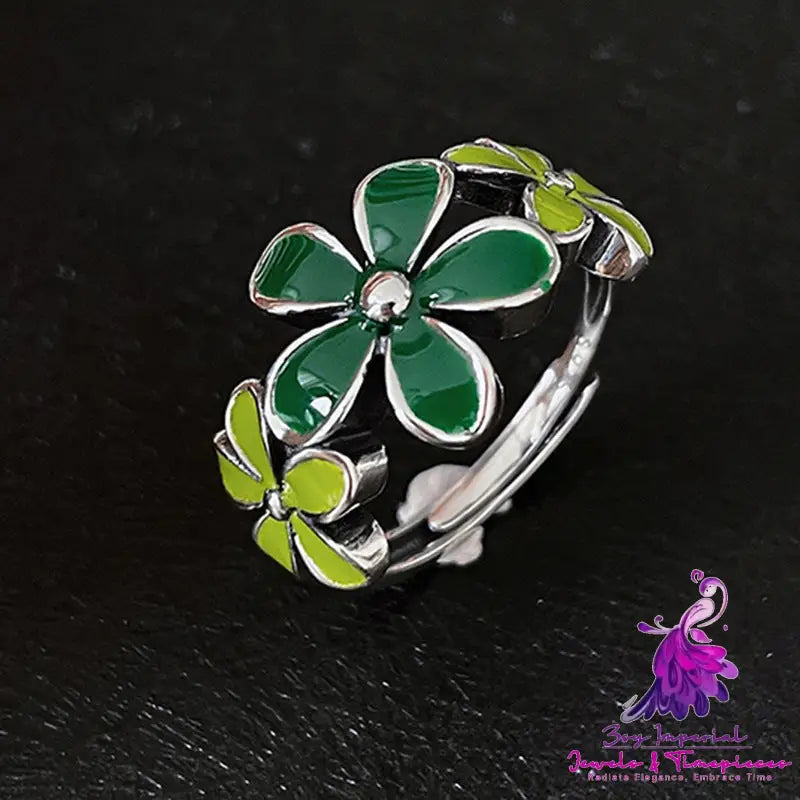 Enamel Natural Green Flower Ring For Women