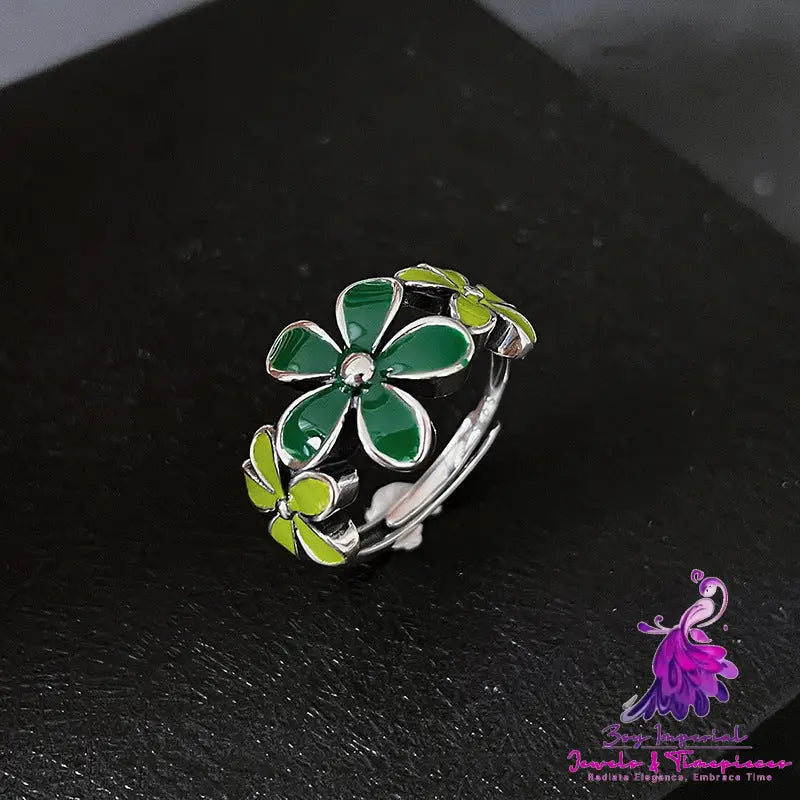 Enamel Natural Green Flower Ring For Women