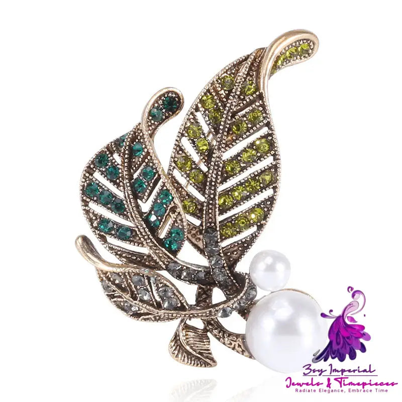 Retro Rhinestone Pearl Leaf Brooch