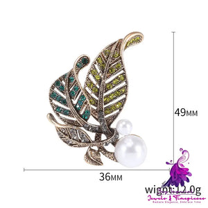 Retro Rhinestone Pearl Leaf Brooch