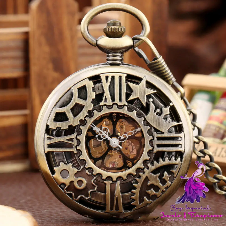 Retro Flip Hollow Necklace Pocket Watch with Red Copper