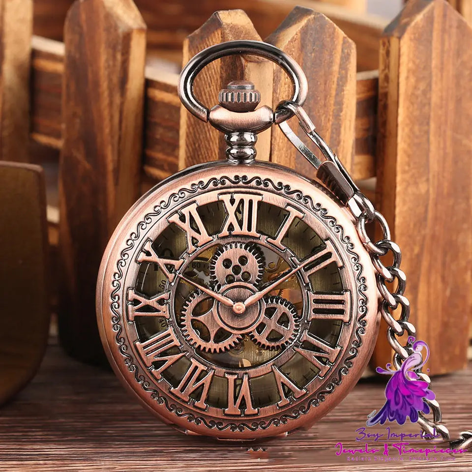 Retro Flip Hollow Necklace Pocket Watch with Red Copper