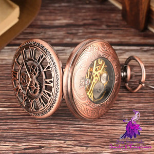 Retro Flip Hollow Necklace Pocket Watch with Red Copper