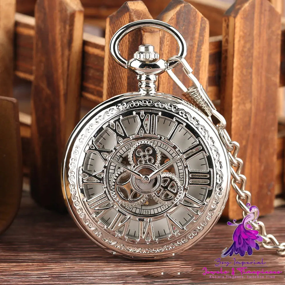 Retro Flip Hollow Necklace Pocket Watch with Red Copper