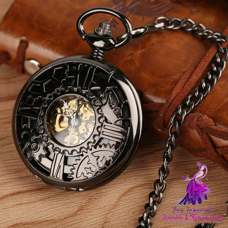 Retro Flip Hollow Necklace Pocket Watch with Red Copper