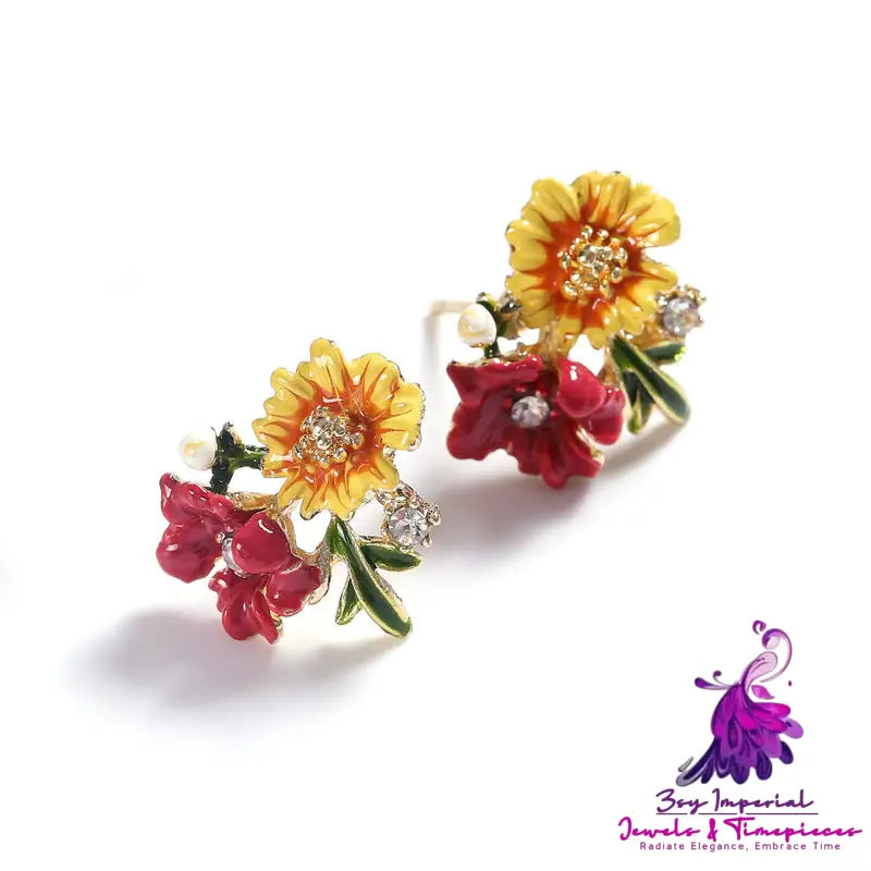 3D Flower French Hand Painted Enamel Drop Glaze Earrings