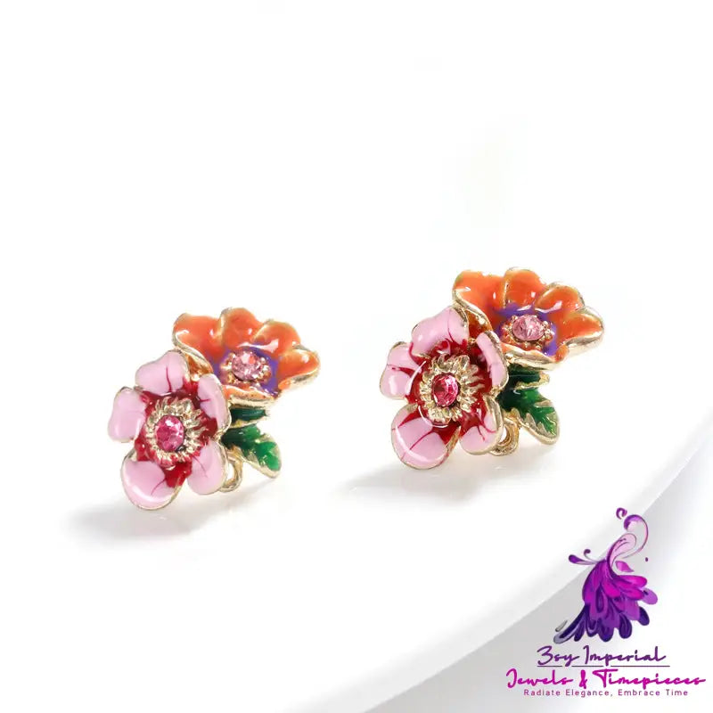 3D Flower French Hand Painted Enamel Drop Glaze Earrings