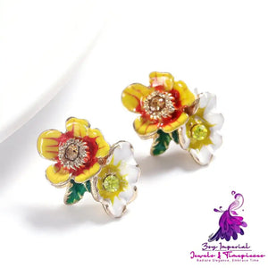 3D Flower French Hand Painted Enamel Drop Glaze Earrings