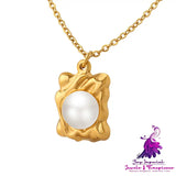 French Style Pearl Square Plate Pendant Necklace Female