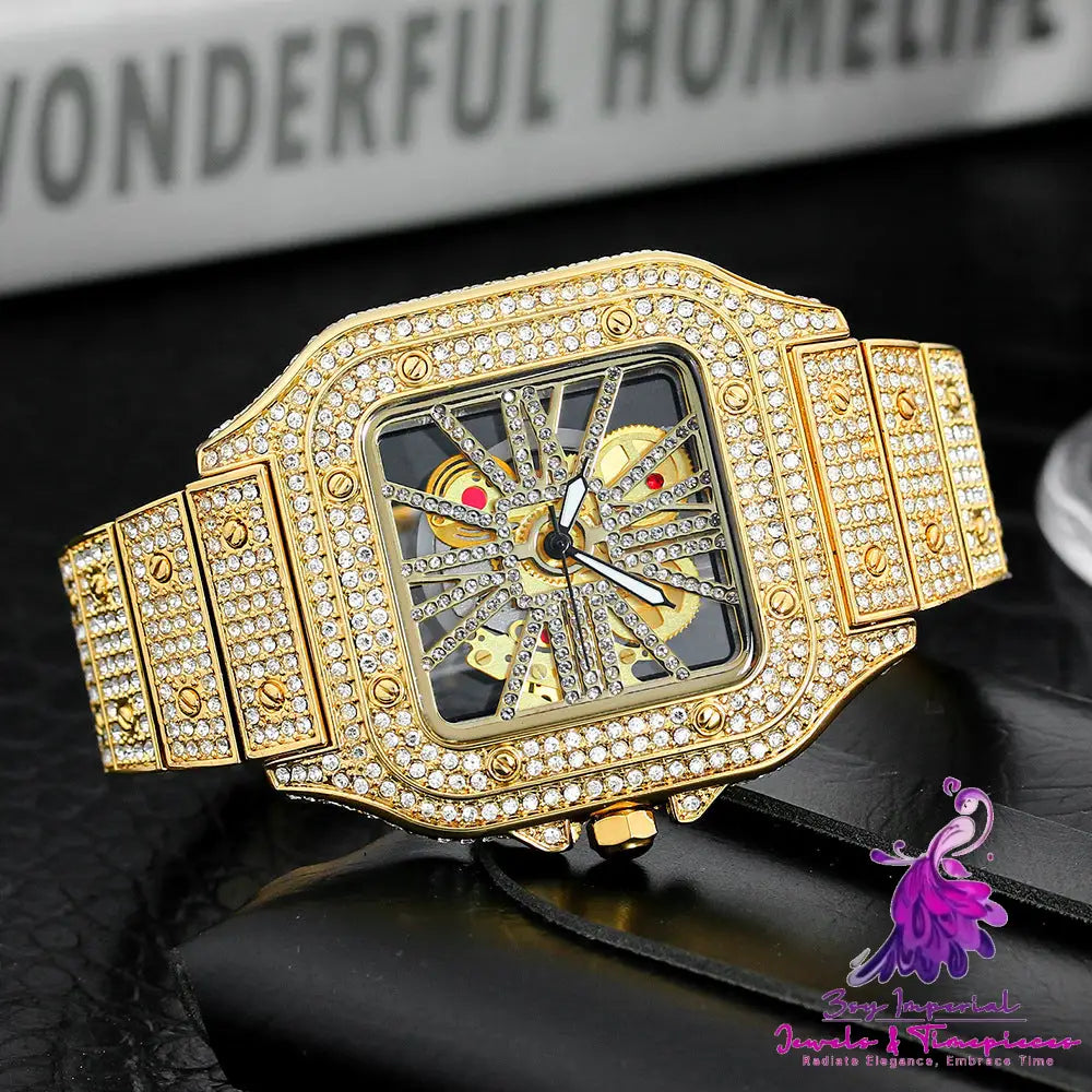 Square Men’s Hollowed Out Full Of Diamonds Watch