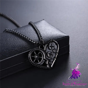 Black Stainless Steel Gear Heart Pendant