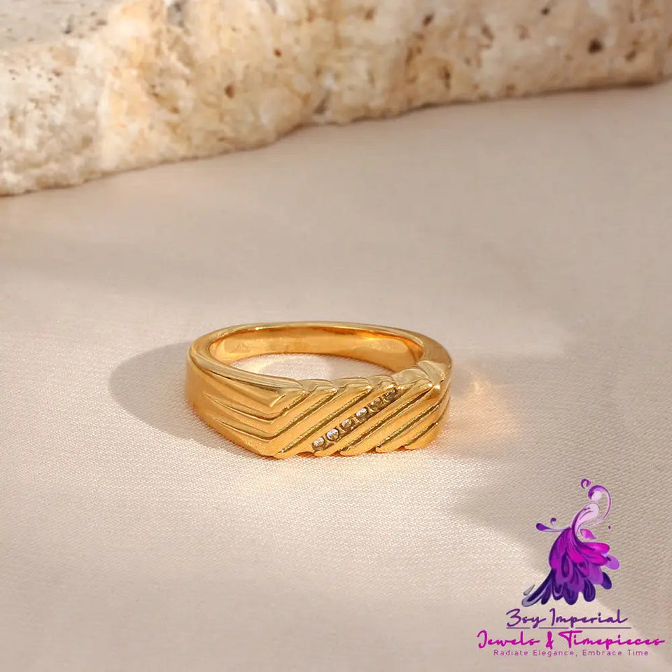 18K Gold Diagonal Stripe Inlaid Zircon Rectangular Ring For