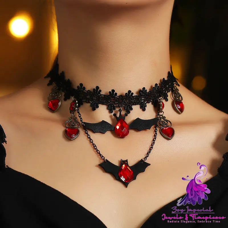 Gothic Jewelry Red Bat Halloween Necklace Lace Choker