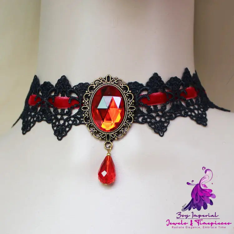 Gothic Jewelry Red Bat Halloween Necklace Lace Choker