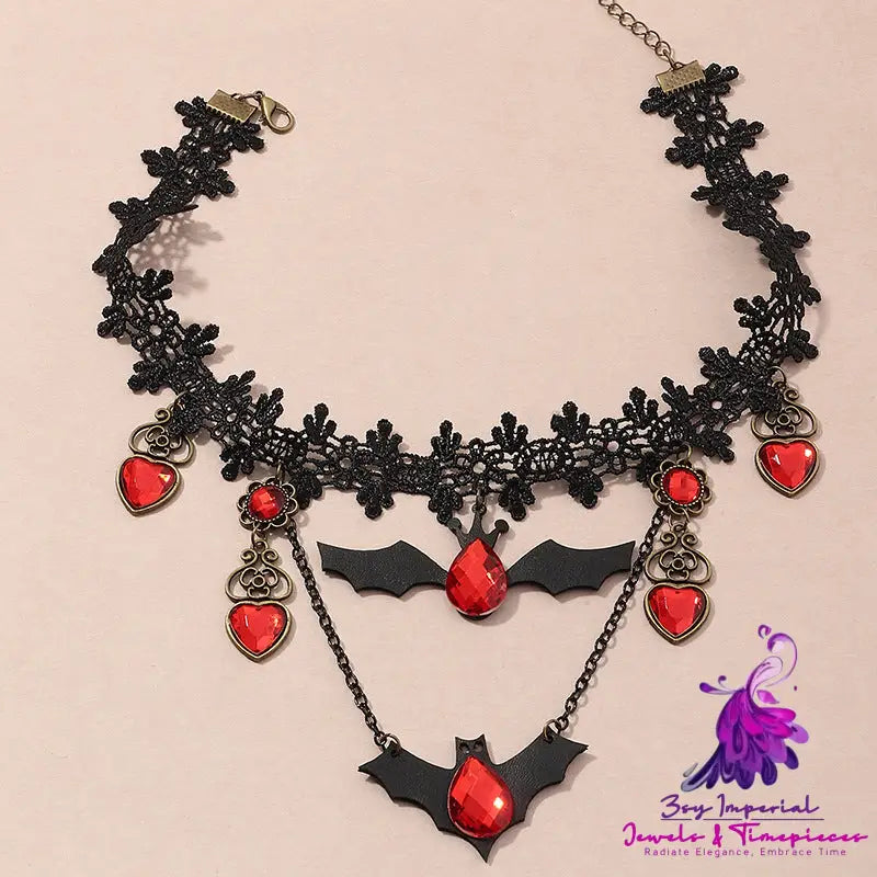 Gothic Jewelry Red Bat Halloween Necklace Lace Choker