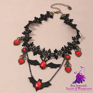 Gothic Jewelry Red Bat Halloween Necklace Lace Choker