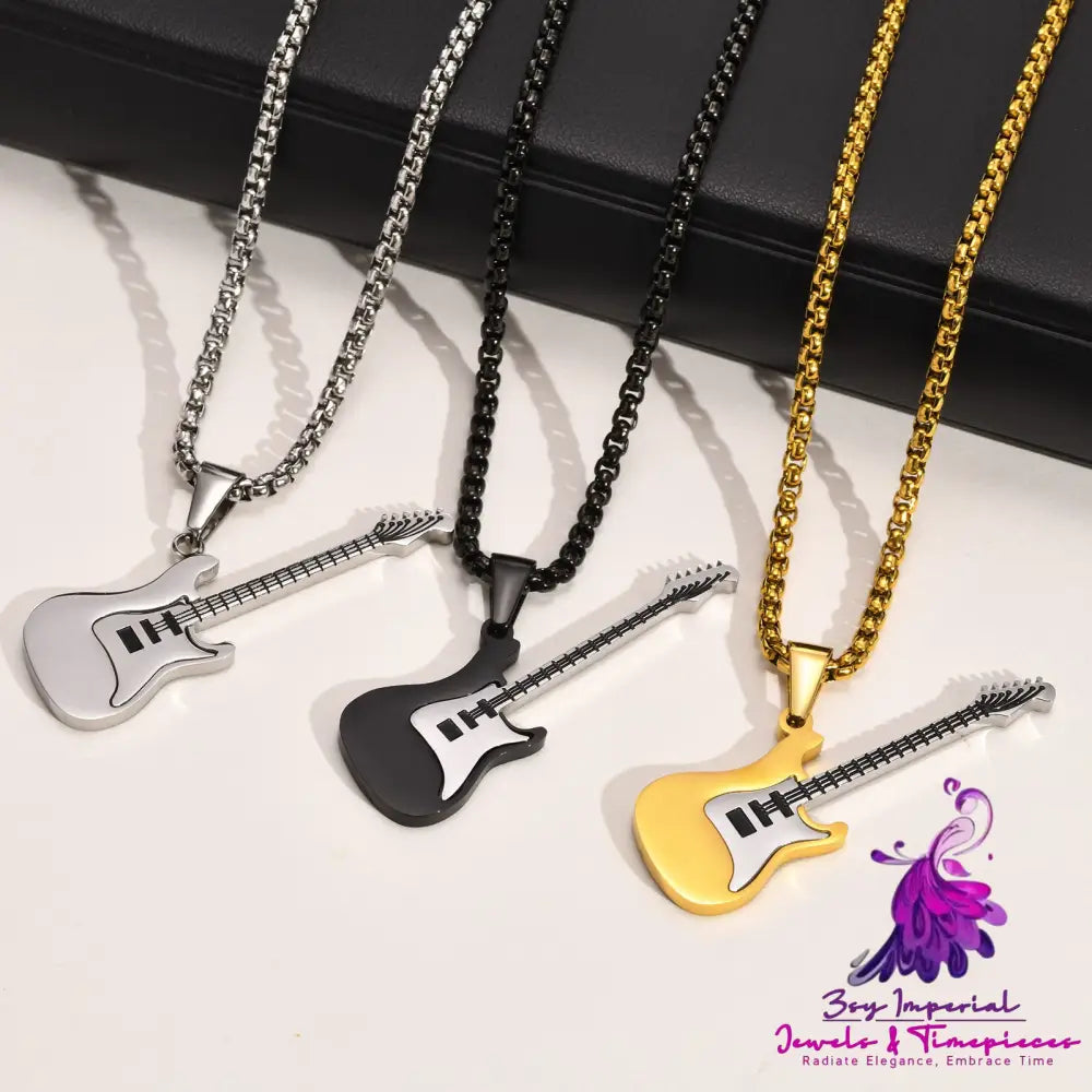 Men’s Fashion Stainless Steel Guitar Pendant Necklace