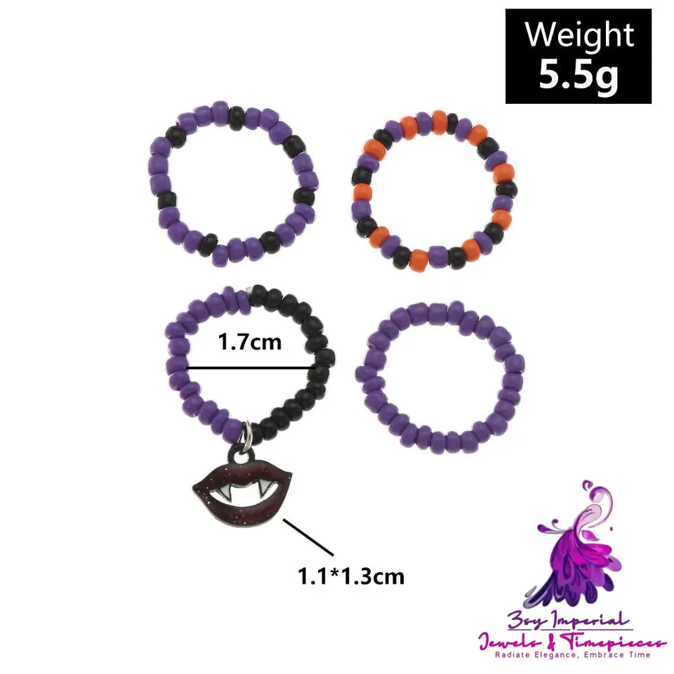 Retro Purple Halloween Rice Bead Ring Set