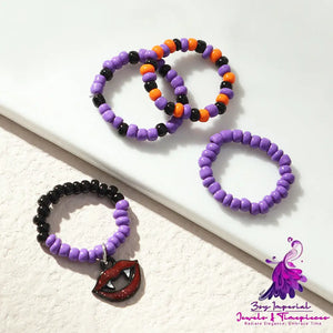 Retro Purple Halloween Rice Bead Ring Set