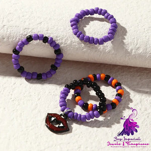 Retro Purple Halloween Rice Bead Ring Set