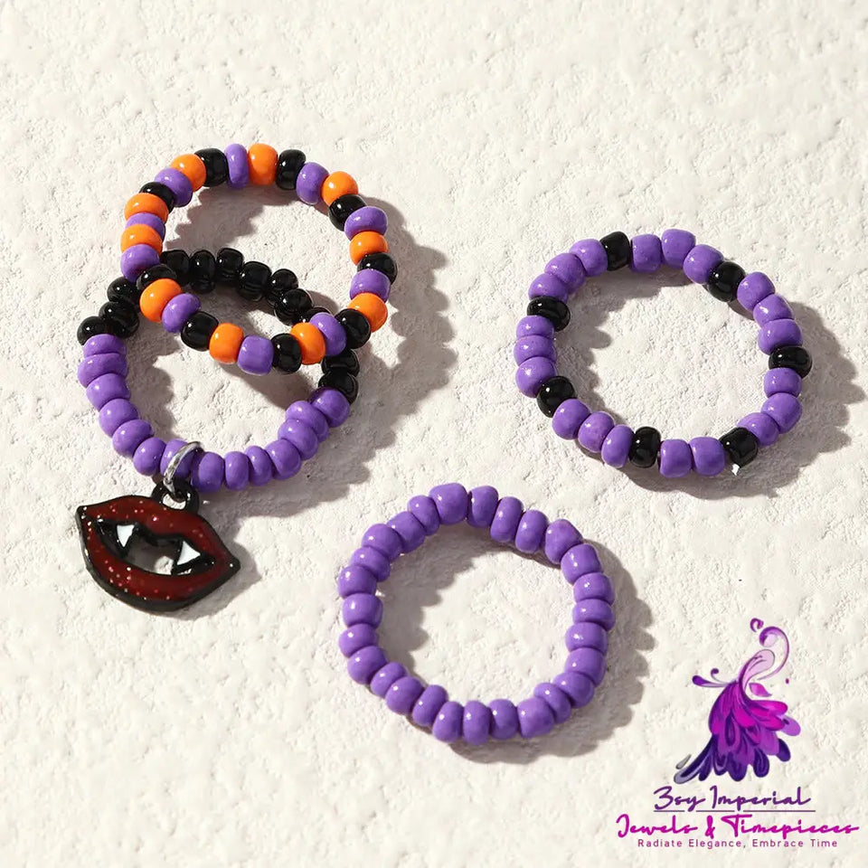 Retro Purple Halloween Rice Bead Ring Set