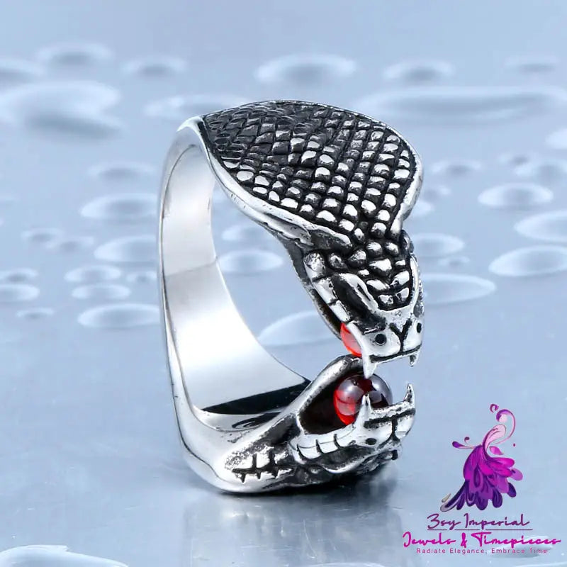 Titanium Steel Red Diamond Snake Ring