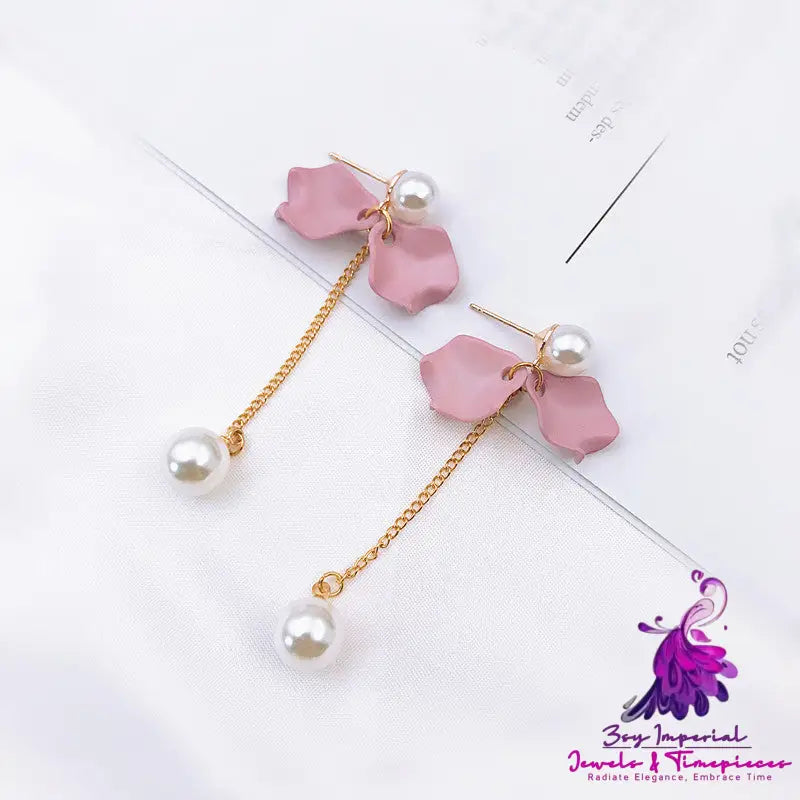 Asymmetric Pearl Flower Earrings with Korean Bow