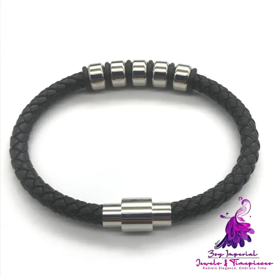 Men’s Leather And Steel Magnetic Bracelet