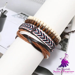 Men’s Wooden Bead Leather Rope Bracelet