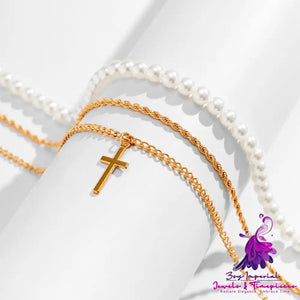 Pearl Cross Necklace Men’s Three-layer Twin Men