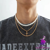 Pearl Cross Necklace Men’s Three-layer Twin Men